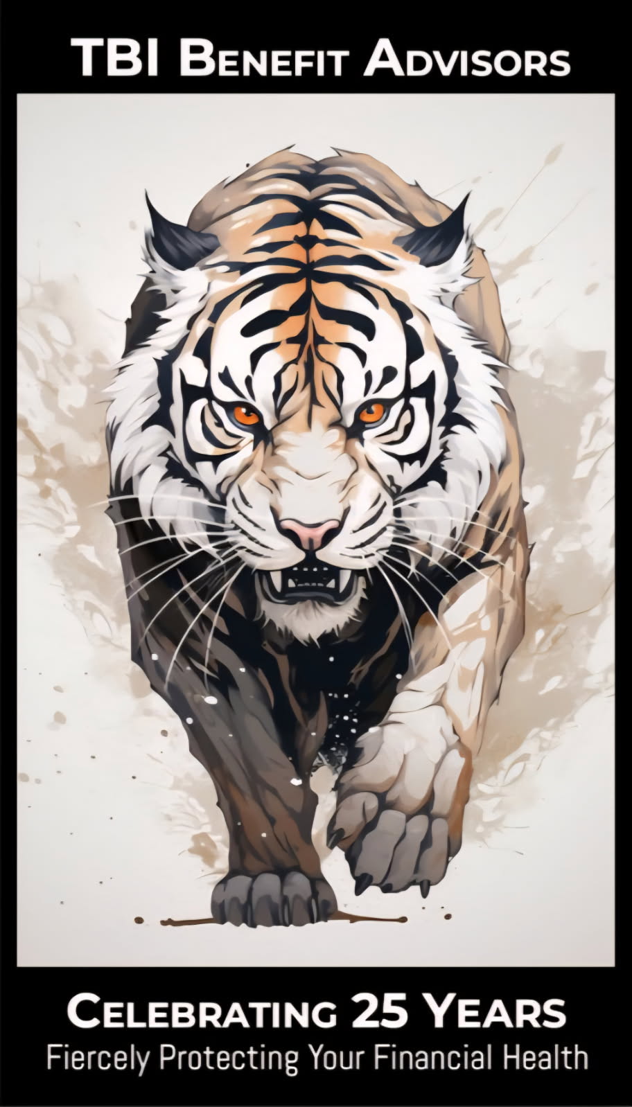 Illustrated white tiger, the TBI Benefit Advisors brand symbol